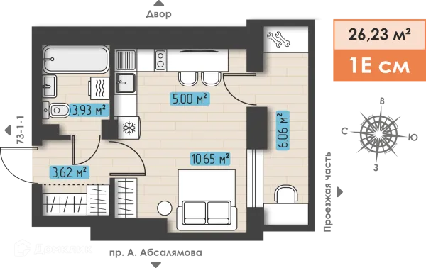 Планировка 1 комн. в ЖК Компас