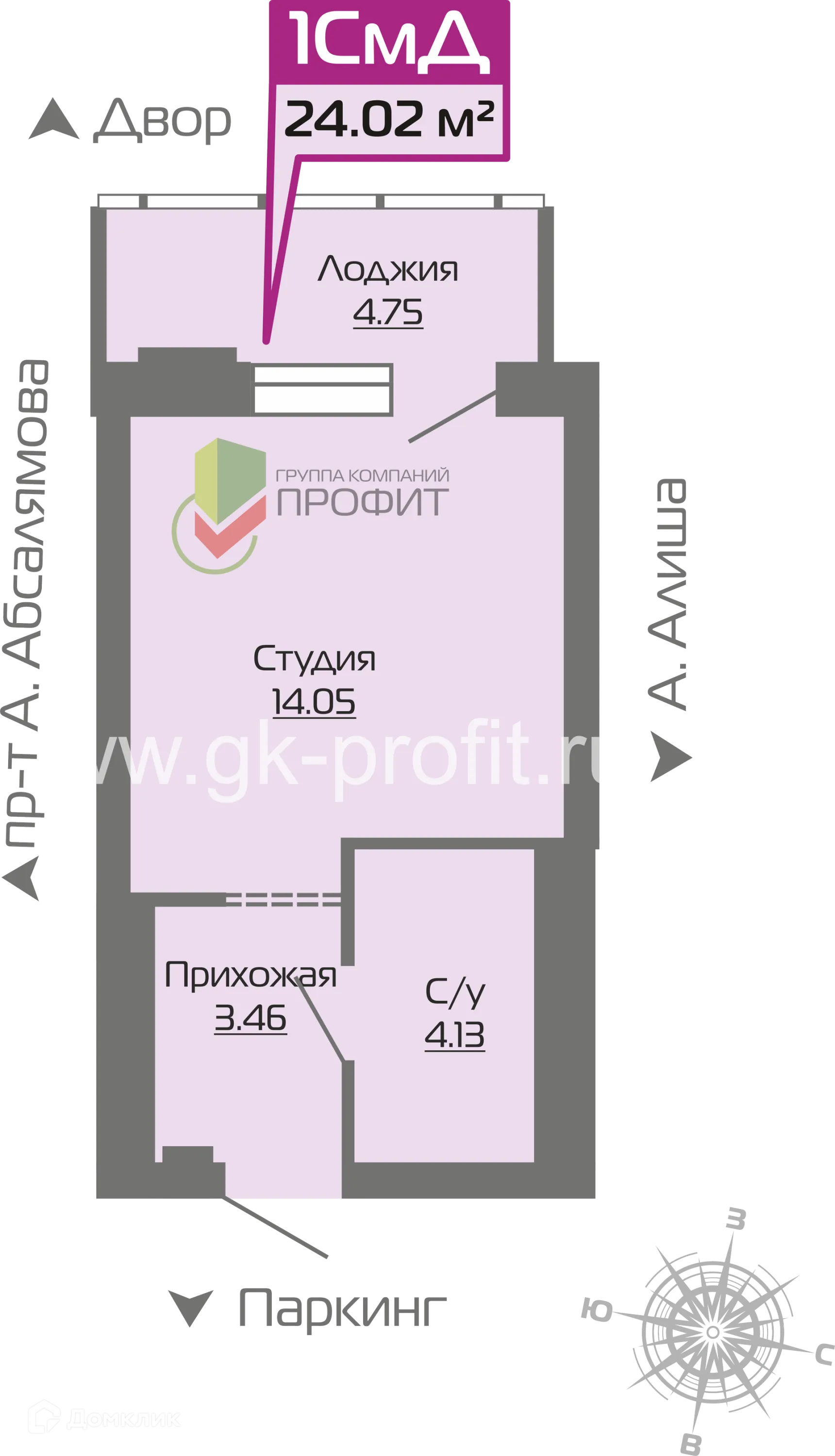 Планировка 1-комнатной квартиры 24.02 м² в ЖК Компас, г. Набережные Челны — фото 1