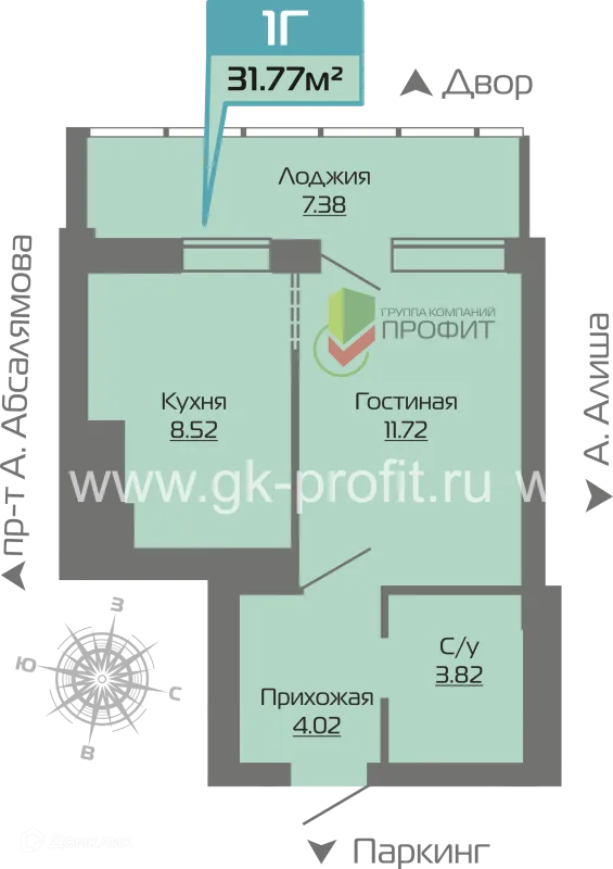 Планировка 1 комн. в ЖК Компас