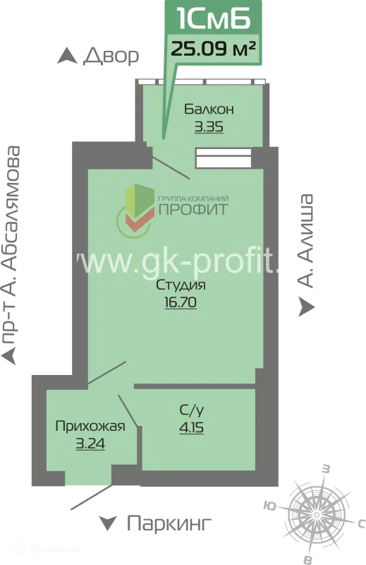 Планировка 1 комн. в ЖК Компас