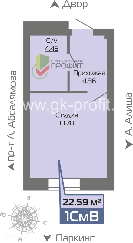 Планировка 1 комн. в ЖК Компас