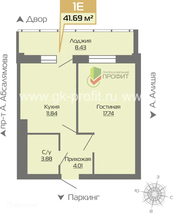 Планировка 1 комн. в ЖК Компас