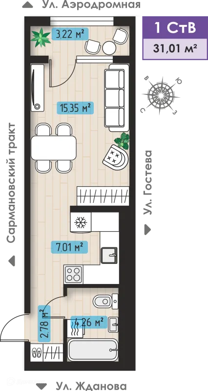 Планировка 1 комн. в ЖК Авиатор