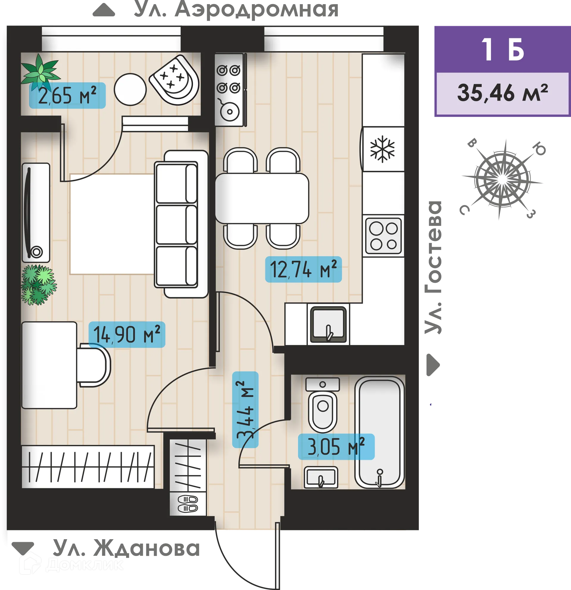 Планировка 1-комнатной квартиры 35.3 м² в ЖК Авиатор, г. Набережные Челны — фото 1