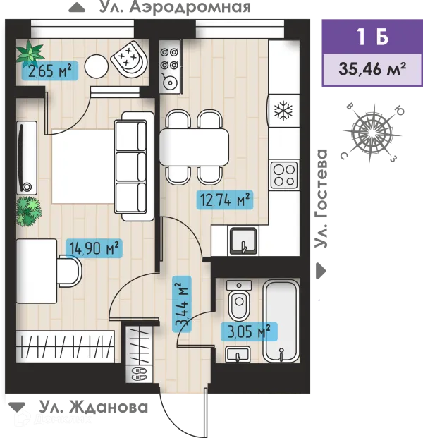 Планировка 1 комн. в ЖК Авиатор