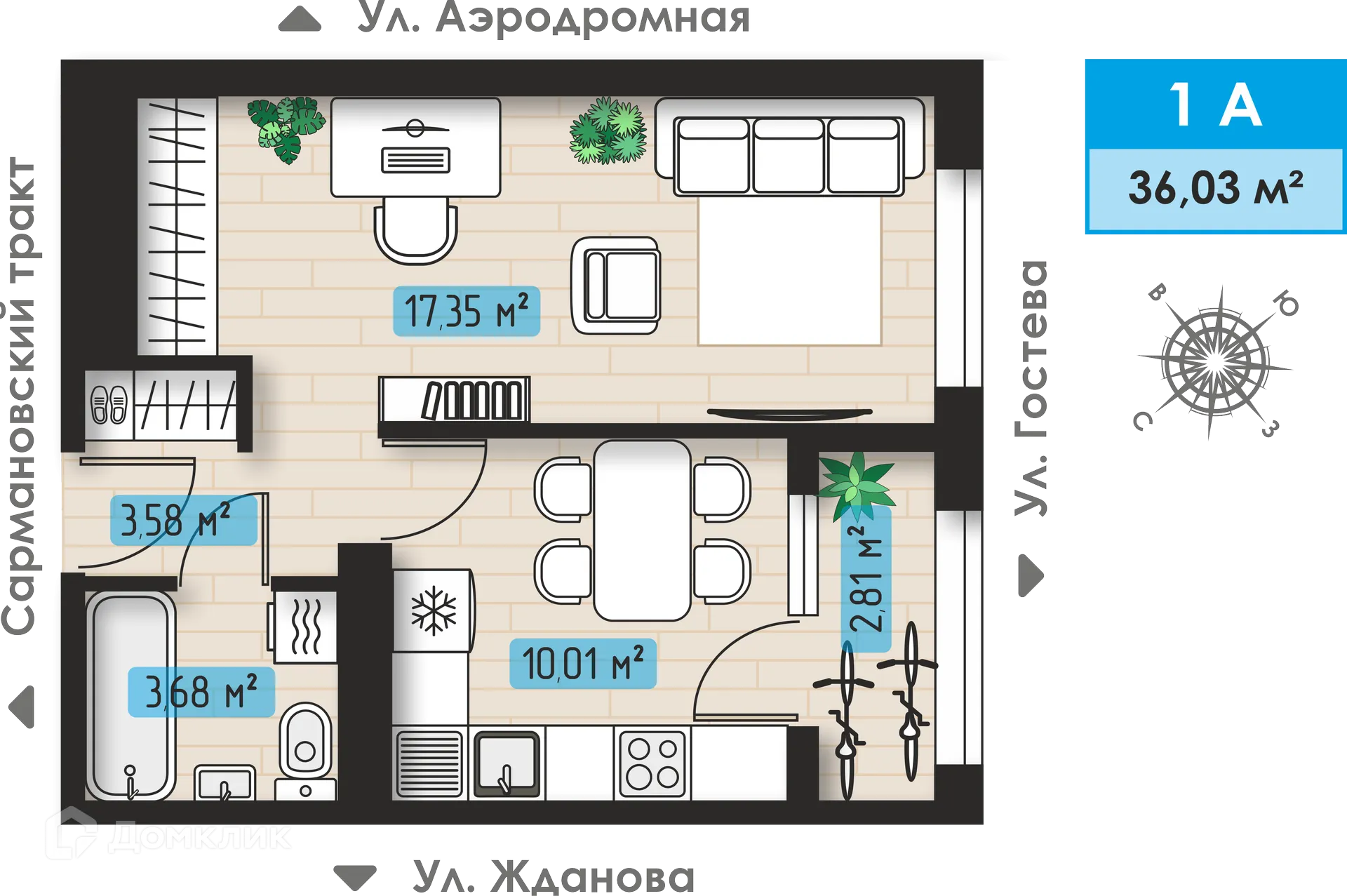 Планировка 1-комнатной квартиры 36.03 м² в ЖК Авиатор, г. Набережные Челны — фото 1