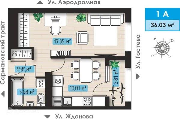 Планировка 1 комн. в ЖК Авиатор