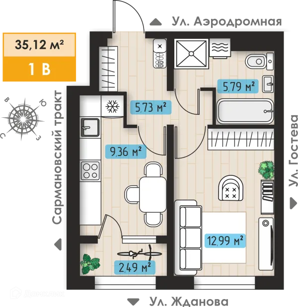 Планировка 1 комн. в ЖК Авиатор