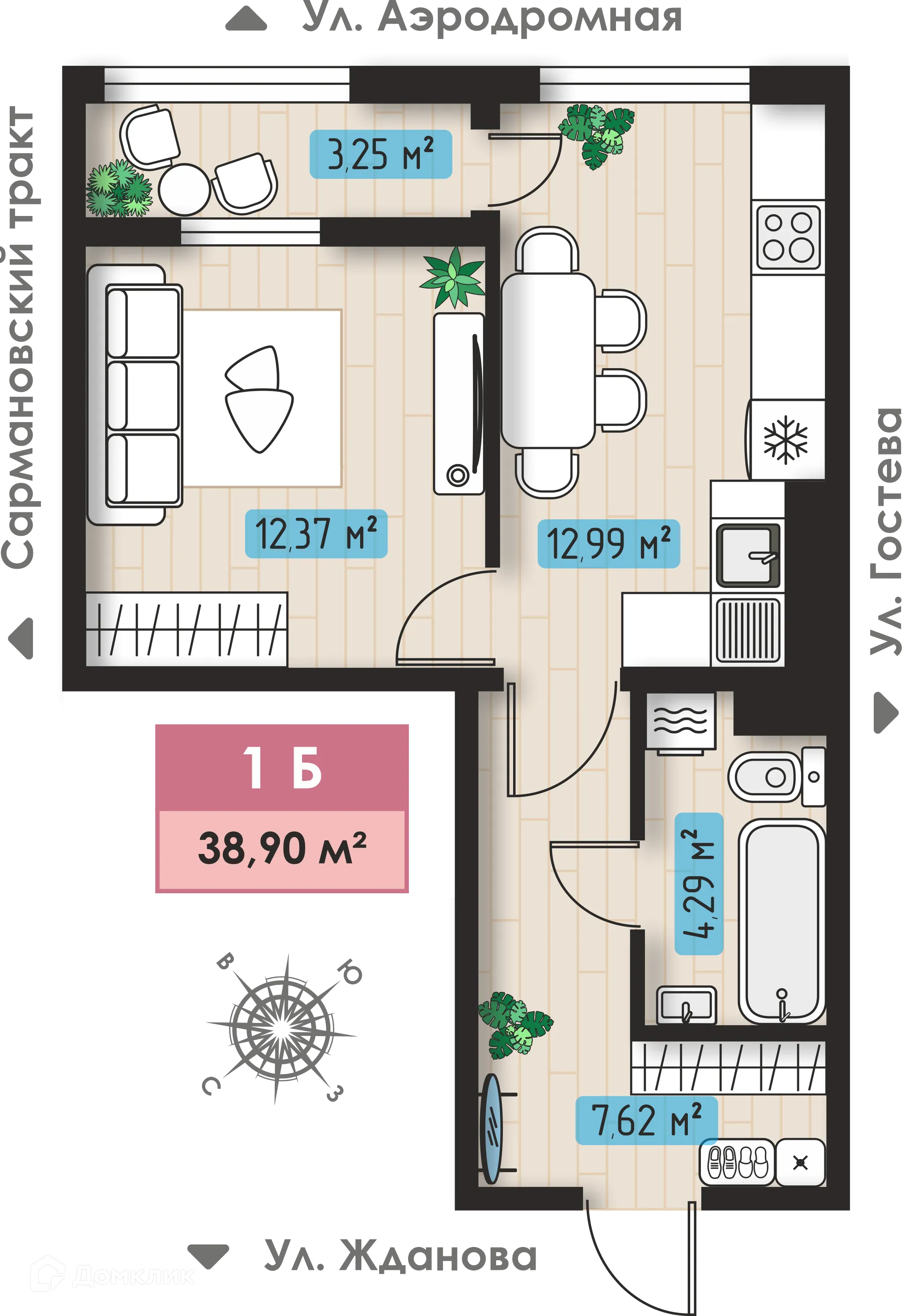 Планировка 1-комнатной квартиры 38.9 м² в ЖК Авиатор, г. Набережные Челны — фото 1