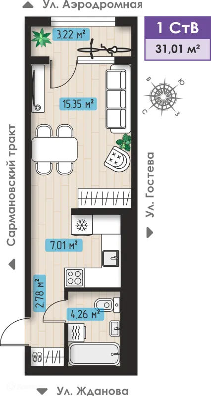 Планировка 1 комн. в ЖК Авиатор