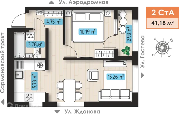 Планировка 2 комн. в ЖК Авиатор