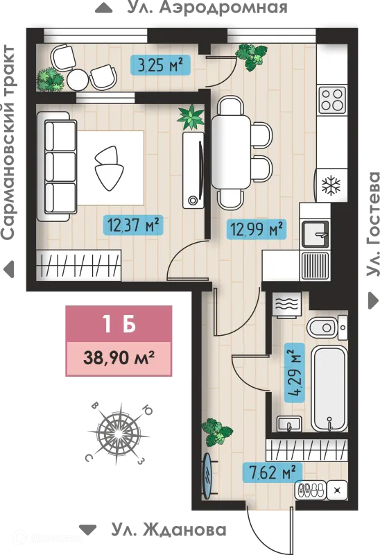Планировка 1 комн. в ЖК Авиатор