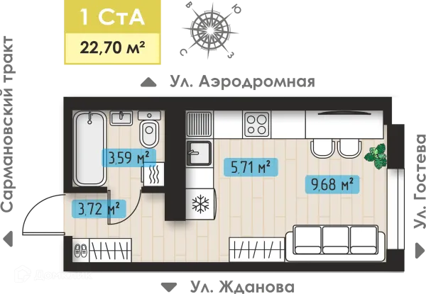 Планировка 1 комн. в ЖК Авиатор