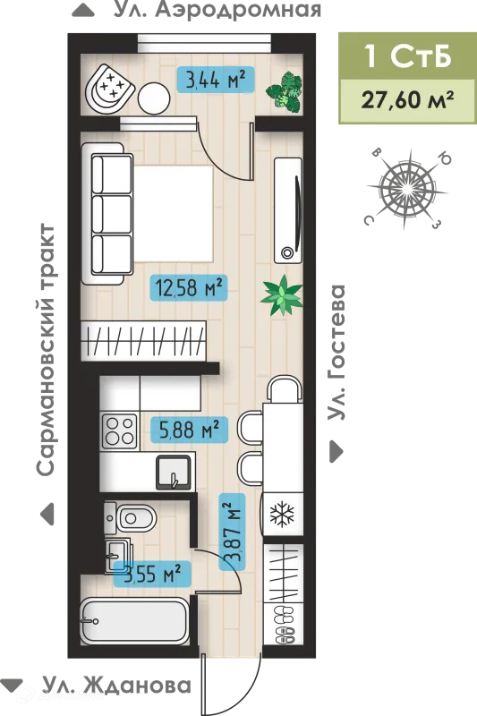 Планировка 1 комн. в ЖК Авиатор