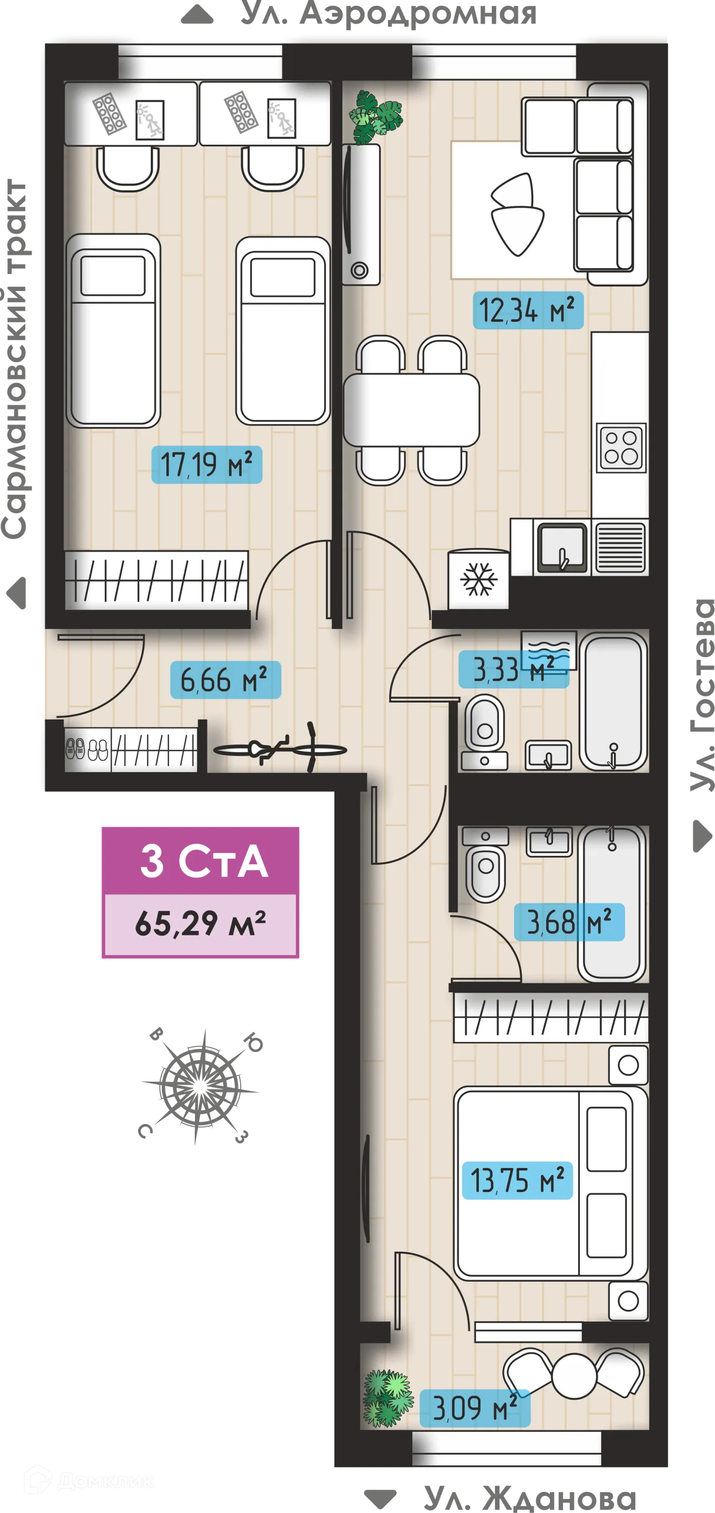 Планировка 3-комнатной квартиры 65.29 м² в ЖК Авиатор, г. Набережные Челны — фото 1