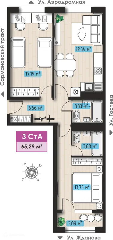Планировка 3 комн. в ЖК Авиатор
