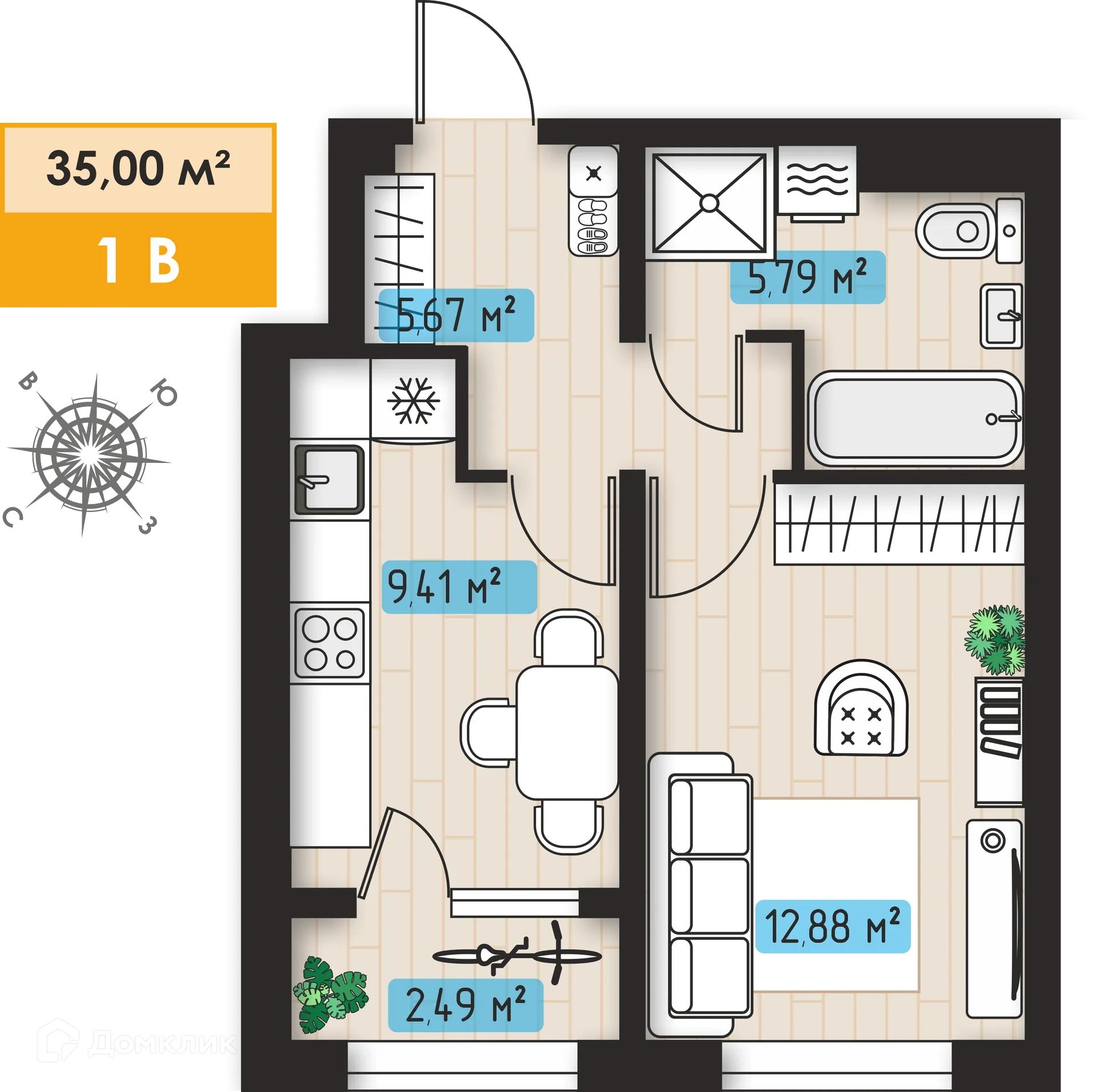 Планировка 1-комнатной квартиры 35 м² в ЖК Авиатор, г. Набережные Челны — фото 1