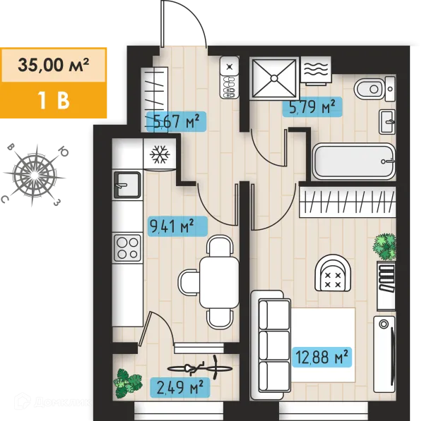 Планировка 1 комн. в ЖК Авиатор