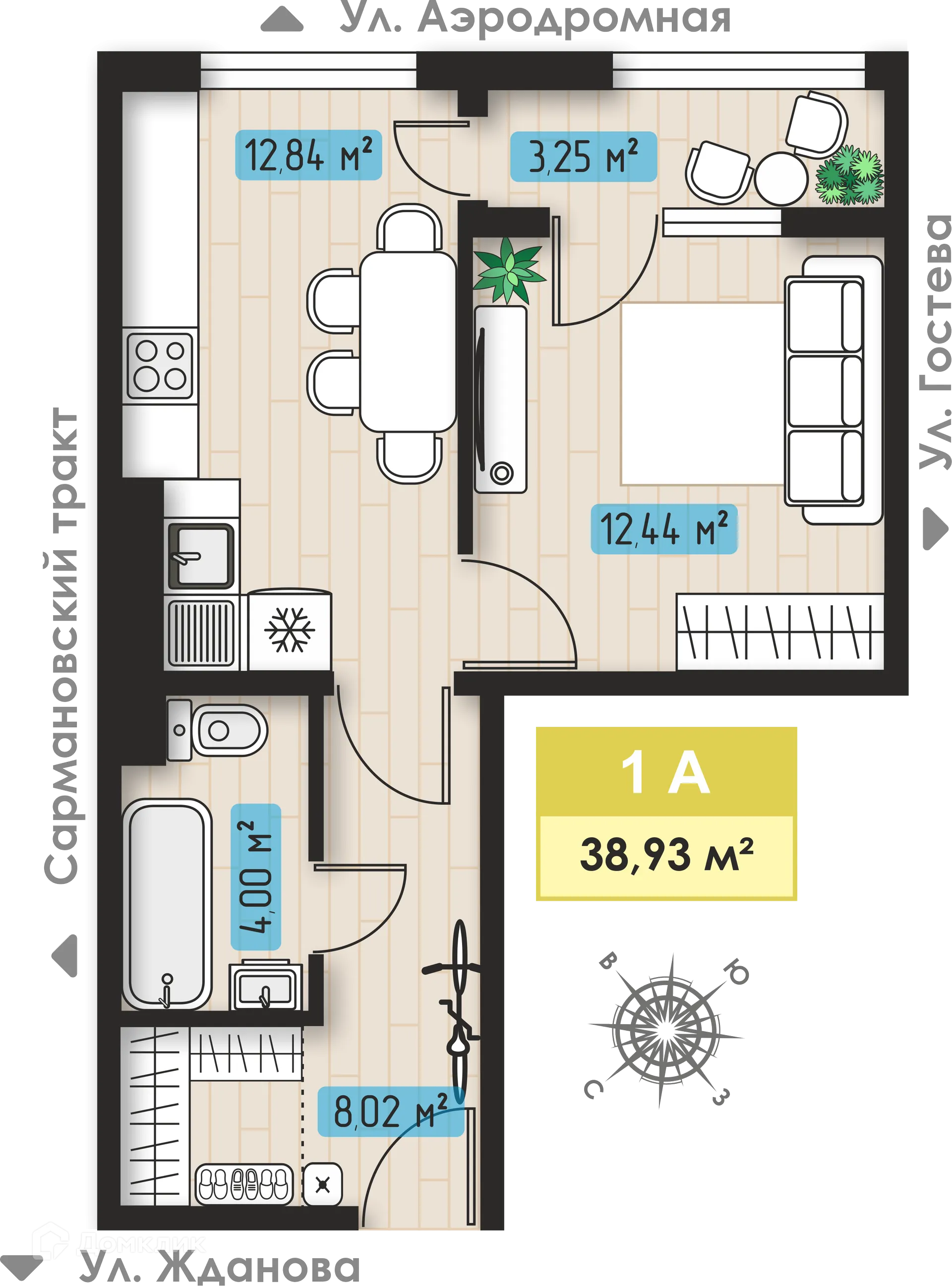 Планировка 1-комнатной квартиры 38.93 м² в ЖК Авиатор, г. Набережные Челны — фото 1