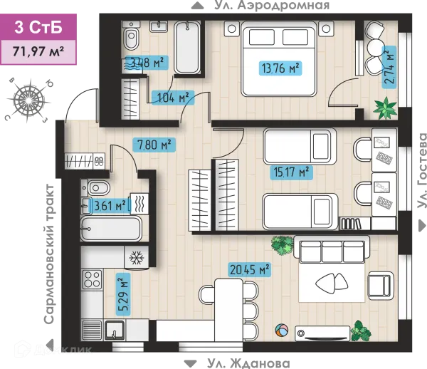 Планировка 3 комн. в ЖК Авиатор