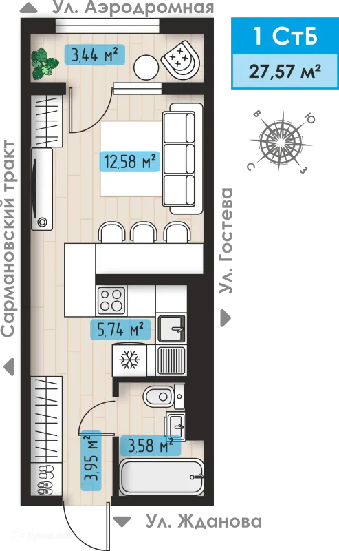 Планировка 1 комн. в ЖК Авиатор