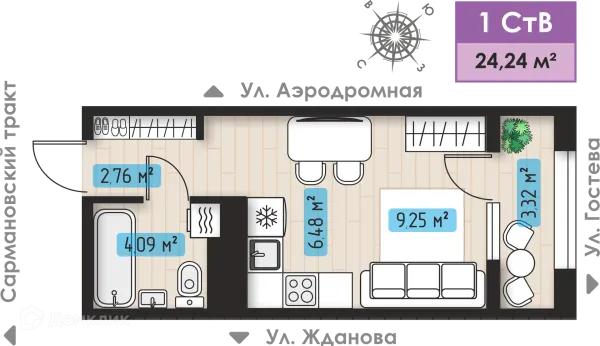 Планировка 1 комн. в ЖК Авиатор