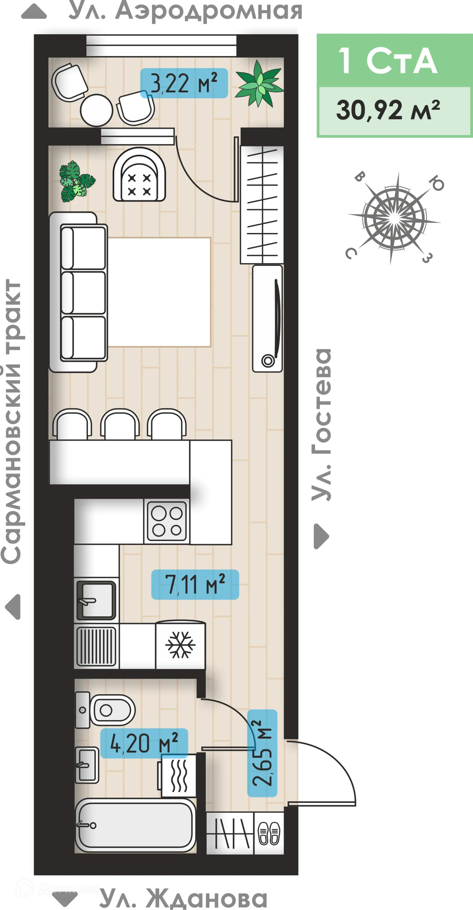 Планировка 1-комнатной квартиры 30.92 м² в ЖК Авиатор, г. Набережные Челны — фото 1