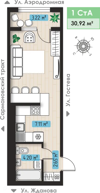 Планировка 1 комн. в ЖК Авиатор