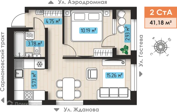 Планировка 2 комн. в ЖК Авиатор