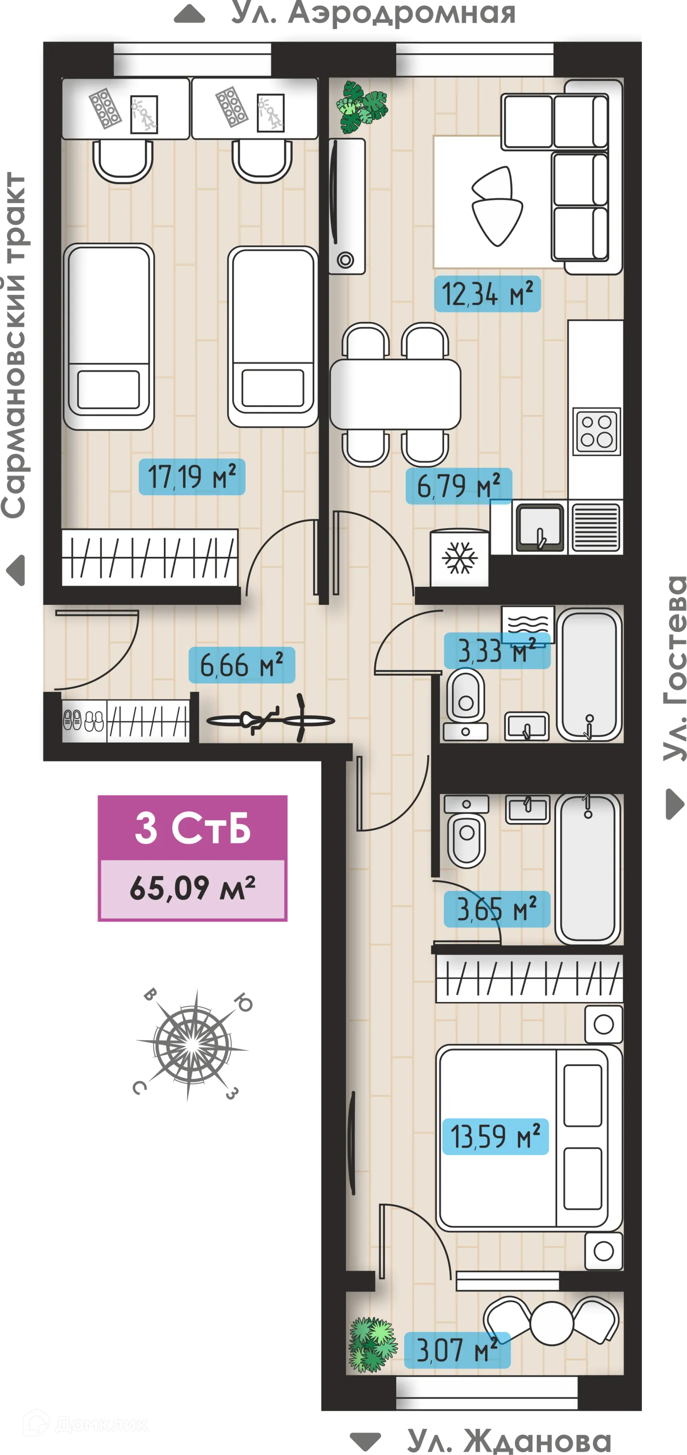 Планировка 3-комнатной квартиры 65.09 м² в ЖК Авиатор, г. Набережные Челны — фото 1