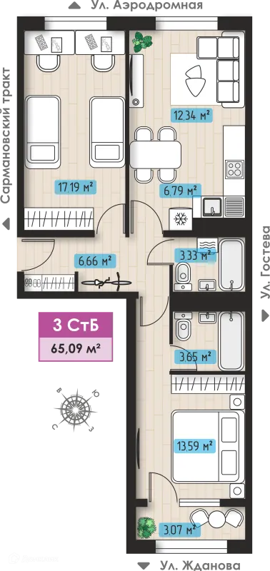 Планировка 3 комн. в ЖК Авиатор
