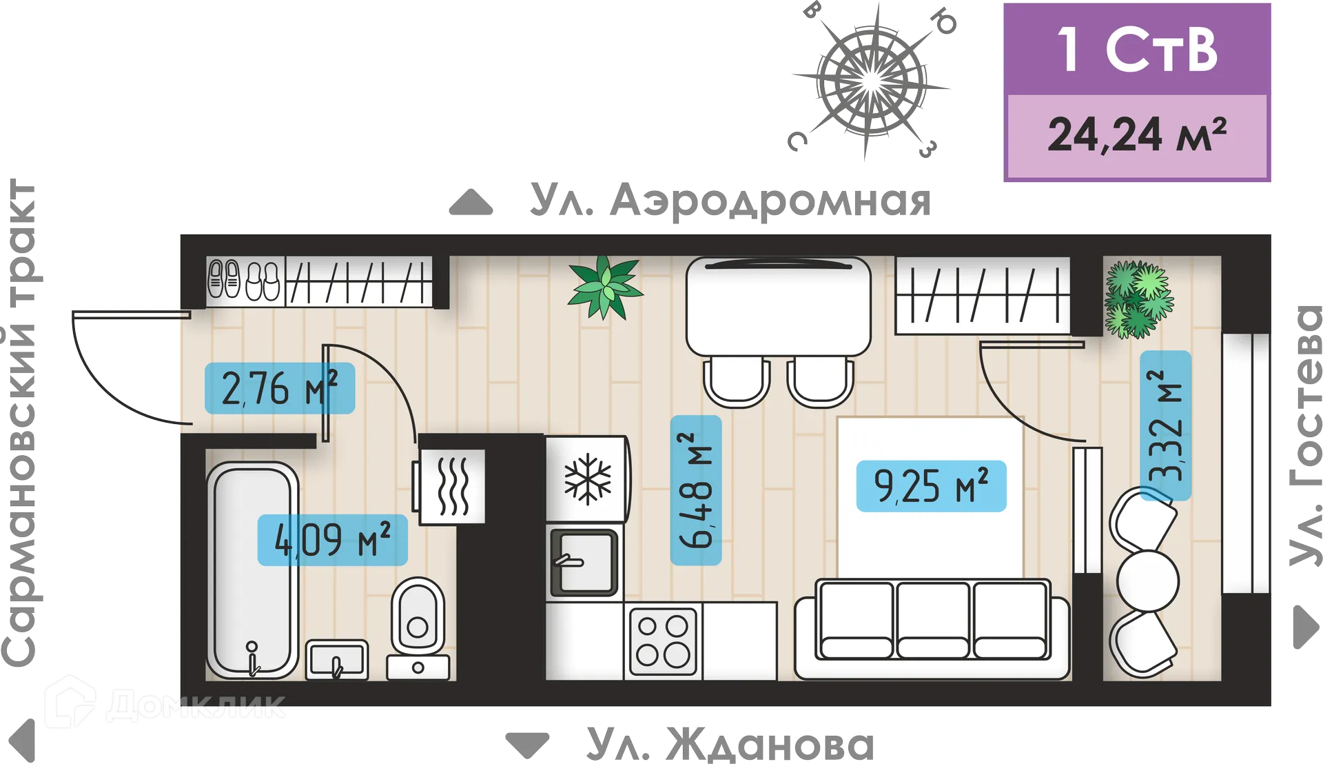 Планировка 1-комнатной квартиры 24.24 м² в ЖК Авиатор, г. Набережные Челны — фото 1