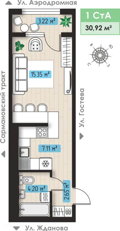 Планировка 1 комн. в ЖК Авиатор