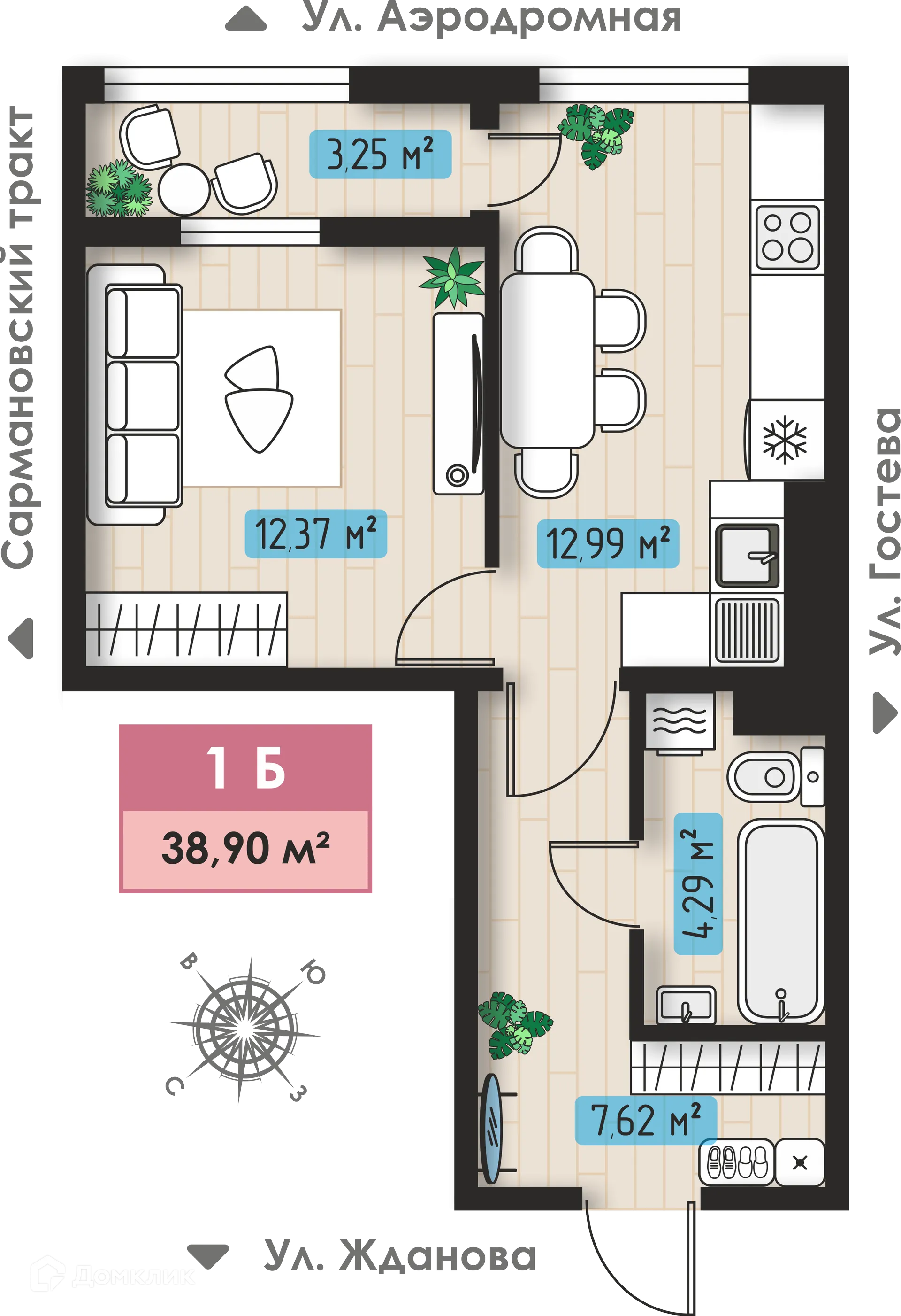 Планировка 1-комнатной квартиры 38.9 м² в ЖК Авиатор, г. Набережные Челны — фото 1