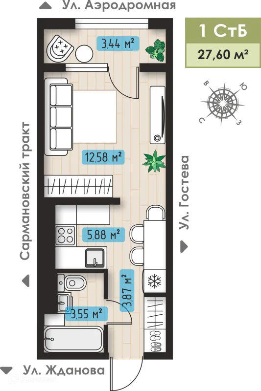 Планировка 1 комн. в ЖК Авиатор