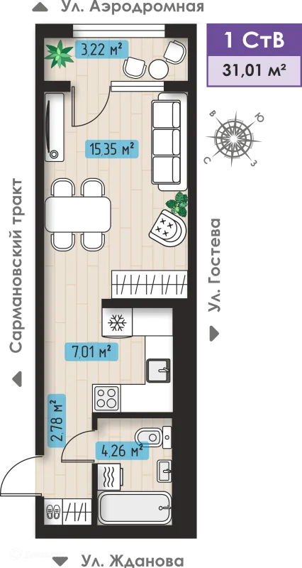 Планировка 1 комн. в ЖК Авиатор