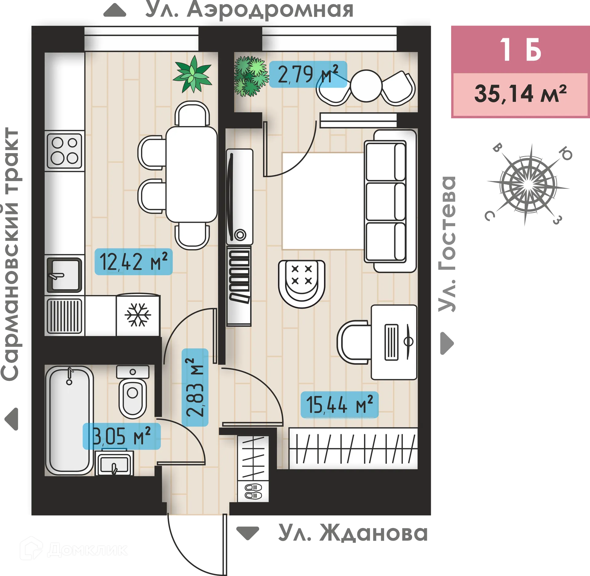 Планировка 1-комнатной квартиры 35.14 м² в ЖК Авиатор, г. Набережные Челны — фото 1