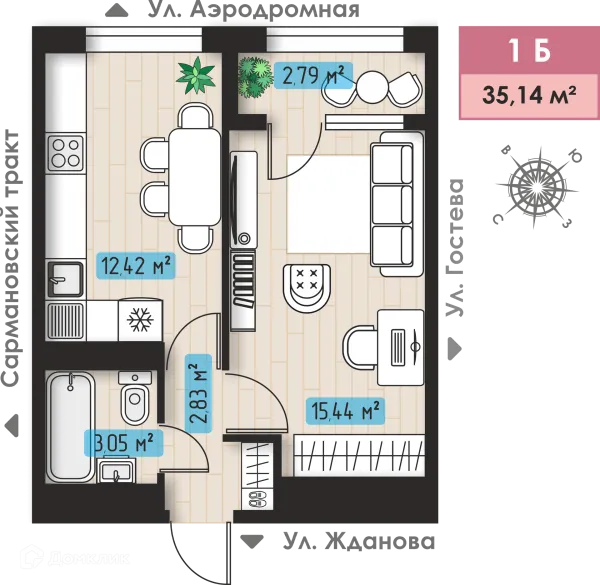 Планировка 1 комн. в ЖК Авиатор