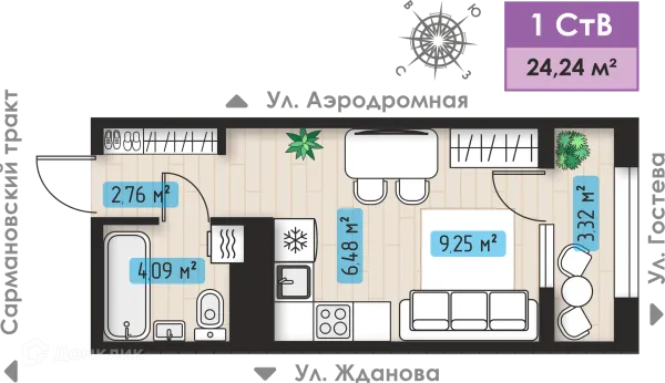 Планировка 1 комн. в ЖК Авиатор