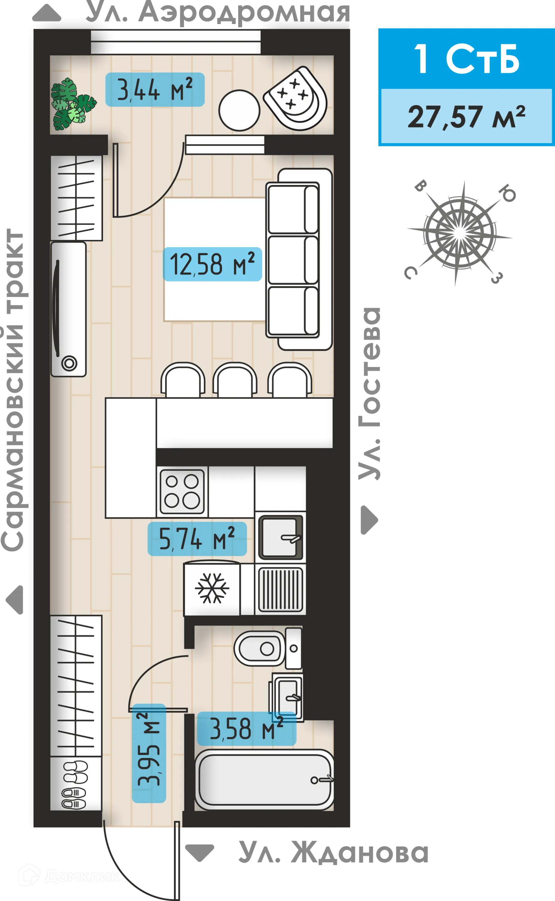 Планировка 1-комнатной квартиры 27.57 м² в ЖК Авиатор, г. Набережные Челны — фото 1