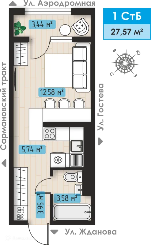 Планировка 1 комн. в ЖК Авиатор