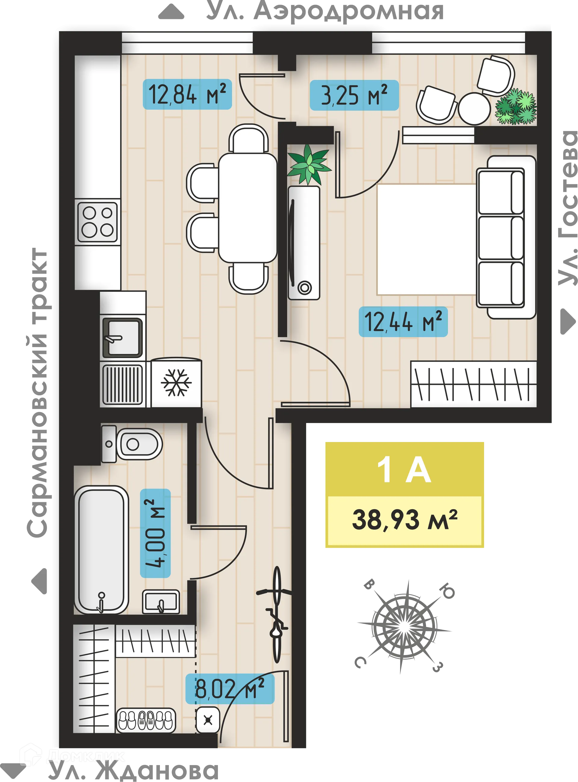 Планировка 1-комнатной квартиры 38.93 м² в ЖК Авиатор, г. Набережные Челны — фото 1