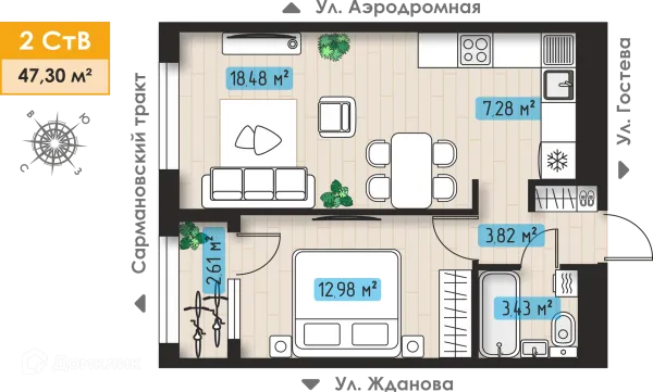 Планировка 2 комн. в ЖК Авиатор