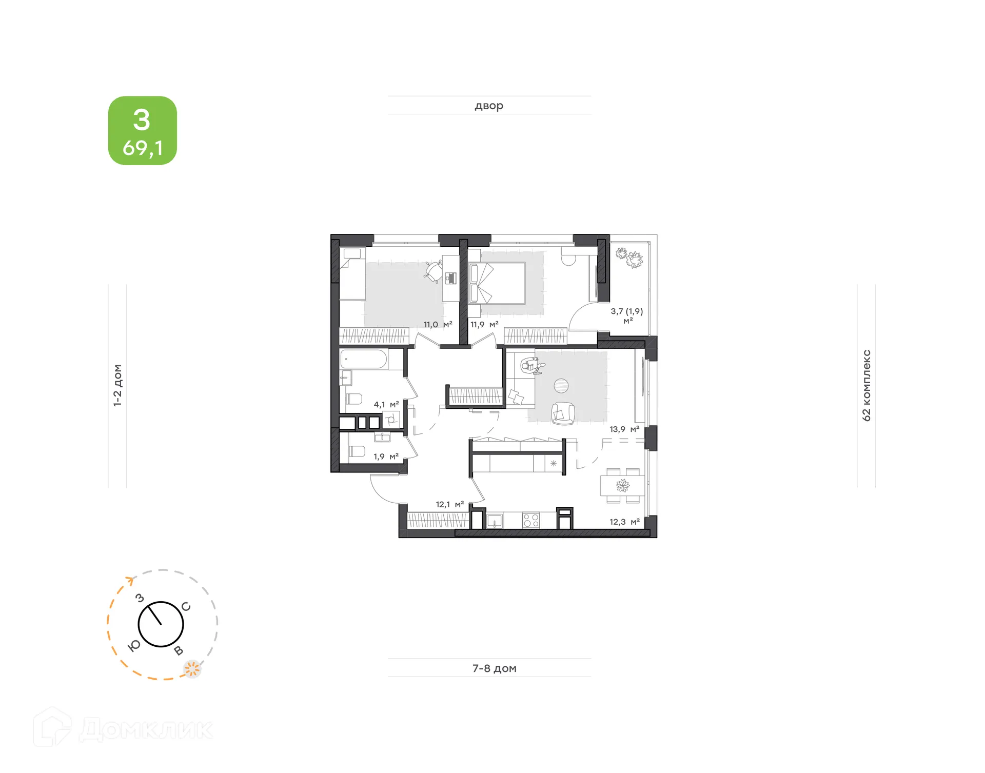 Планировка 3-комнатной квартиры 69.1 м² в ЖК Притяжение, г. Набережные Челны — фото 1