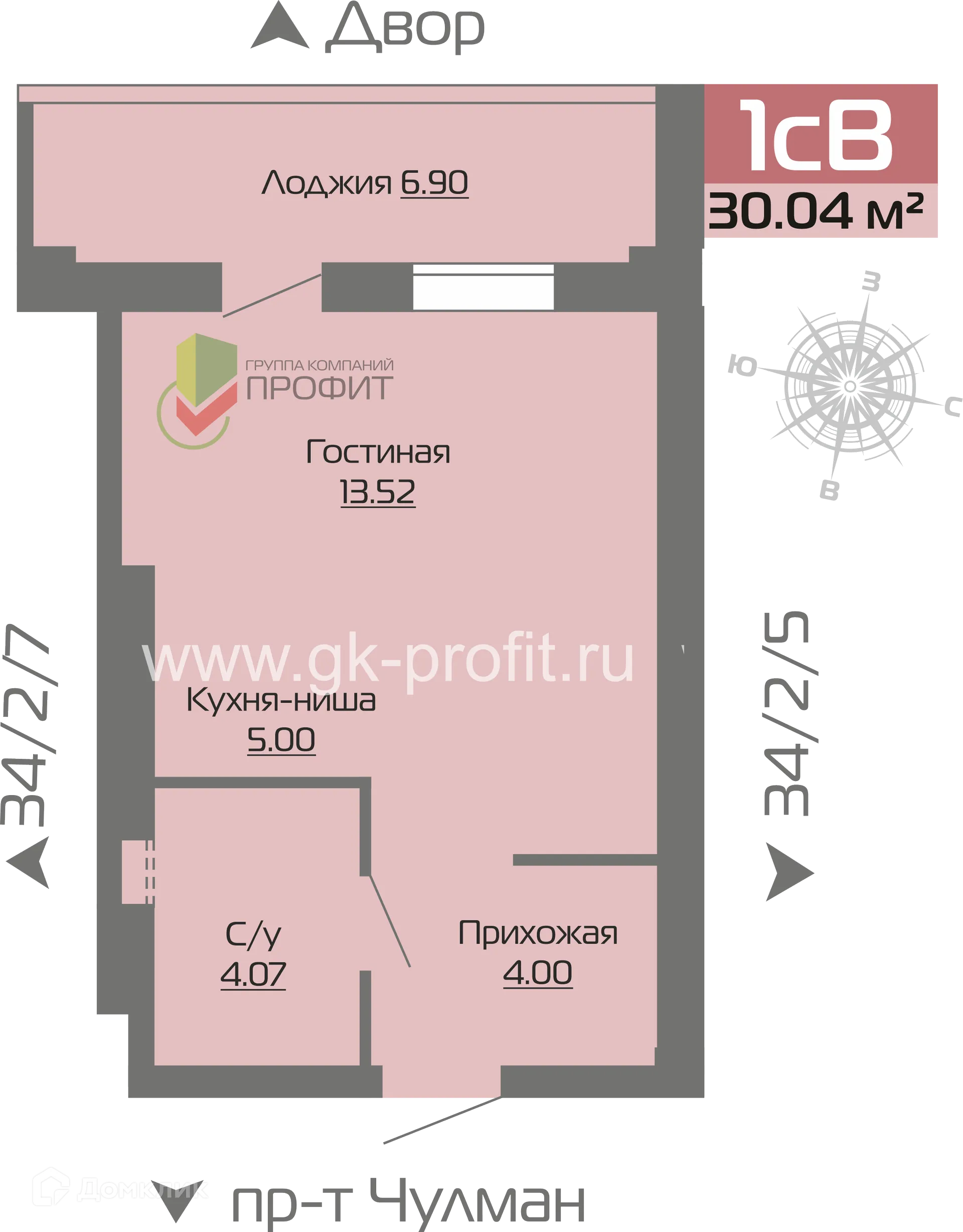 Планировка 1-комнатной квартиры 30.04 м² в ЖК Новое побережье, г. Набережные Челны — фото 1