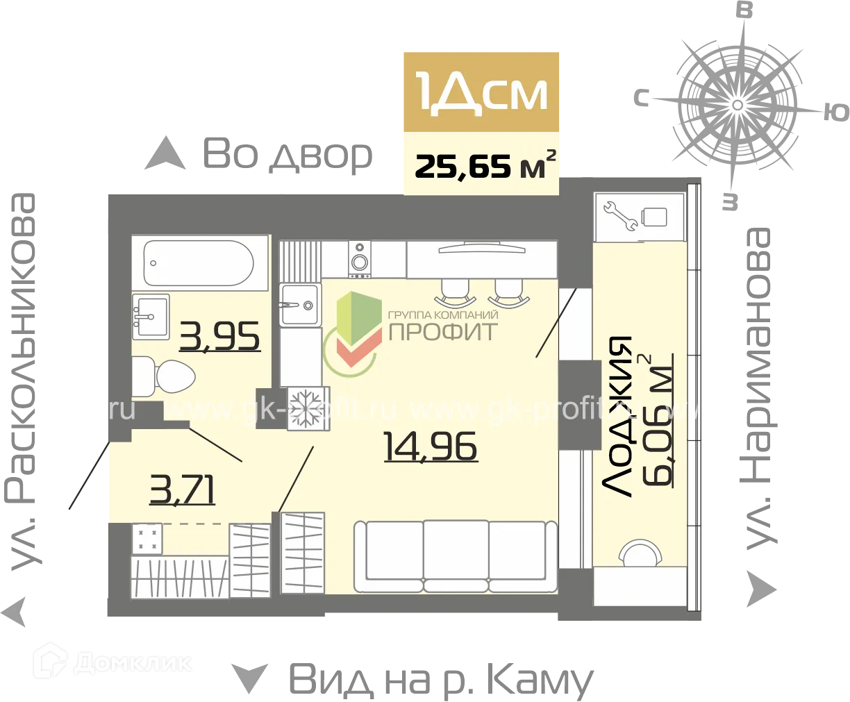 Планировка 1-комнатной квартиры 25.68 м² в ЖК Новое побережье, г. Набережные Челны — фото 1