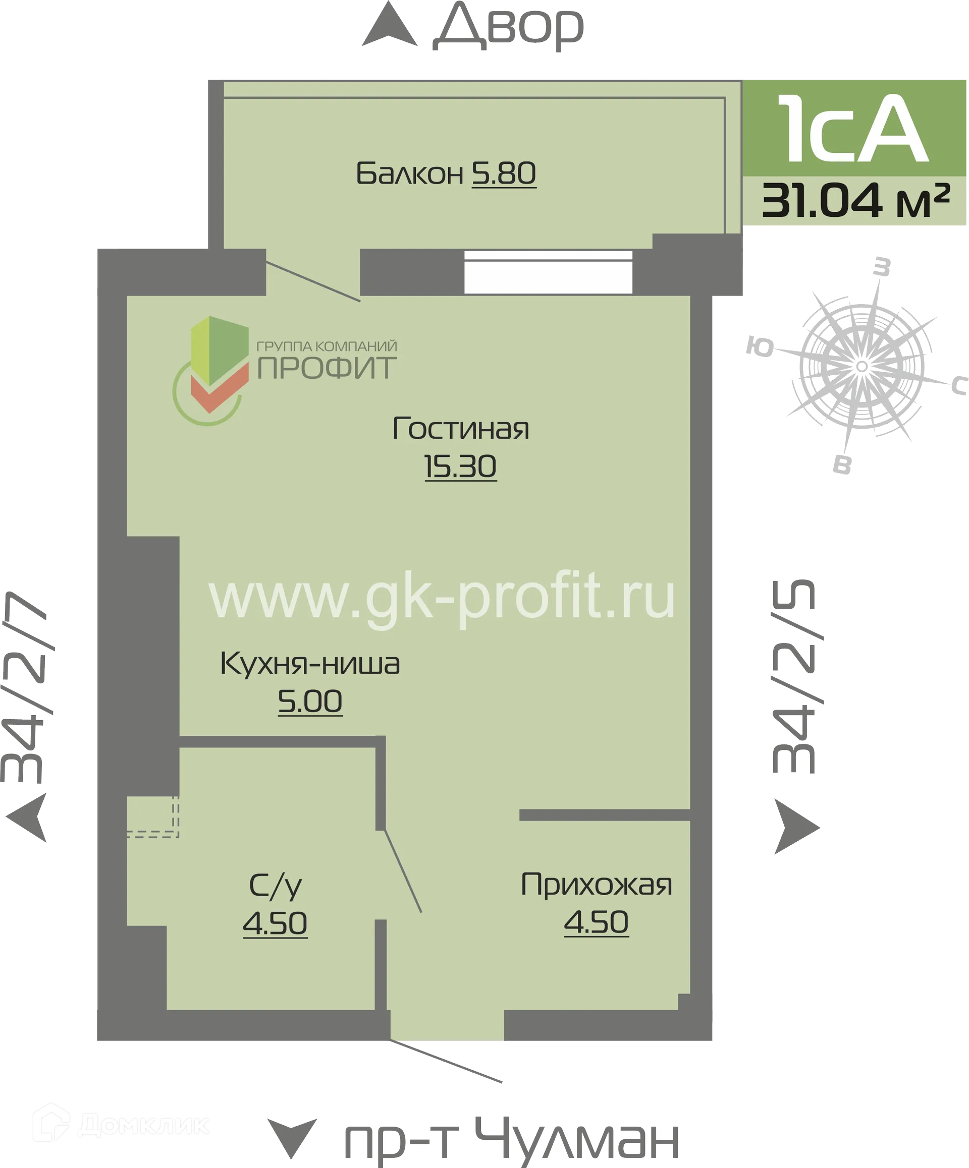 Планировка 1-комнатной квартиры 31.04 м² в ЖК Новое побережье, г. Набережные Челны — фото 1