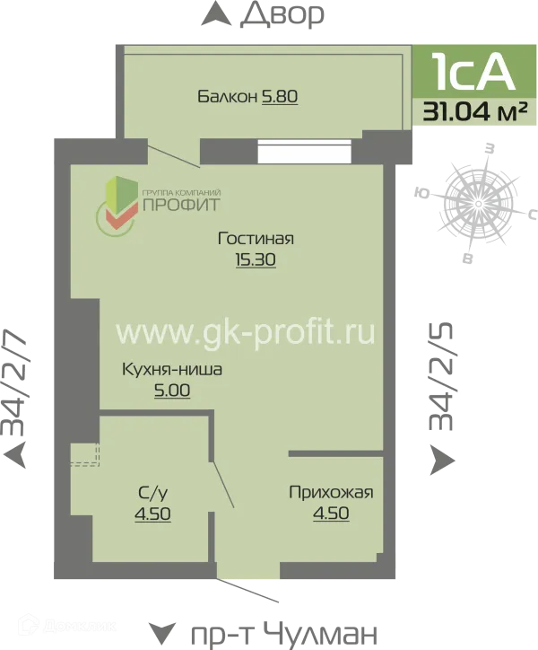 Планировка 1 комн. в ЖК Новое побережье