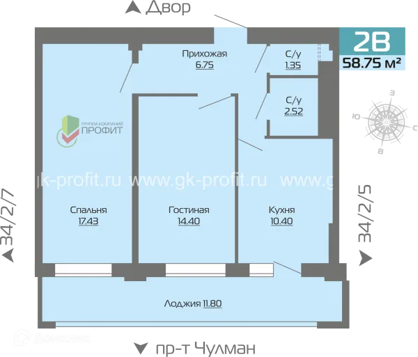 Планировка 2 комн. в ЖК Новое побережье