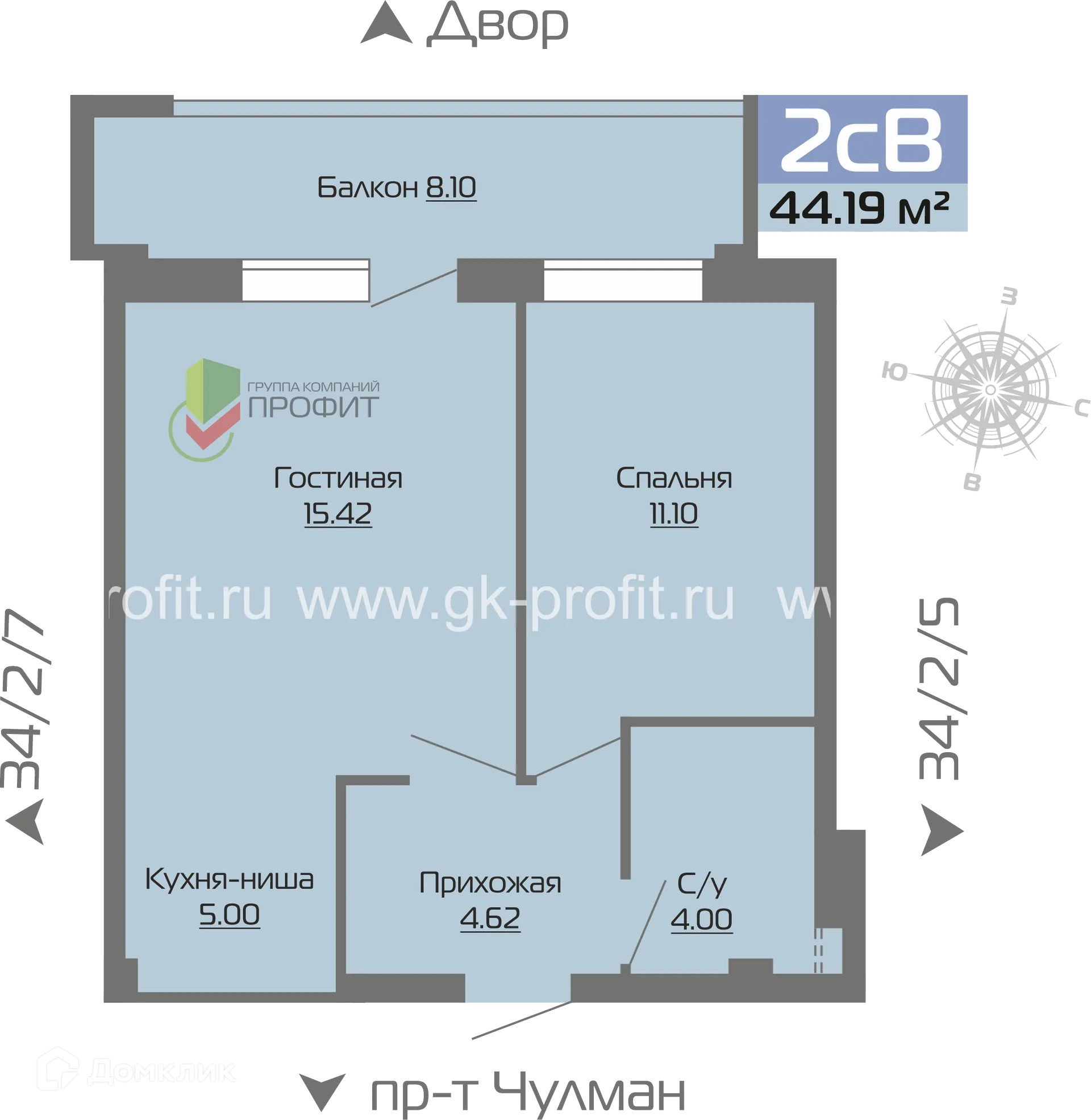 Планировка 2-комнатной квартиры 44.19 м² в ЖК Новое побережье, г. Набережные Челны — фото 1